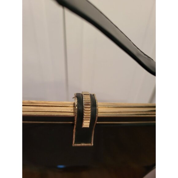 Vintage 60s Black Patent Handbag Gold Clasp Retro Twee Grandma Marilyn Monroe - Picture 3 of 6